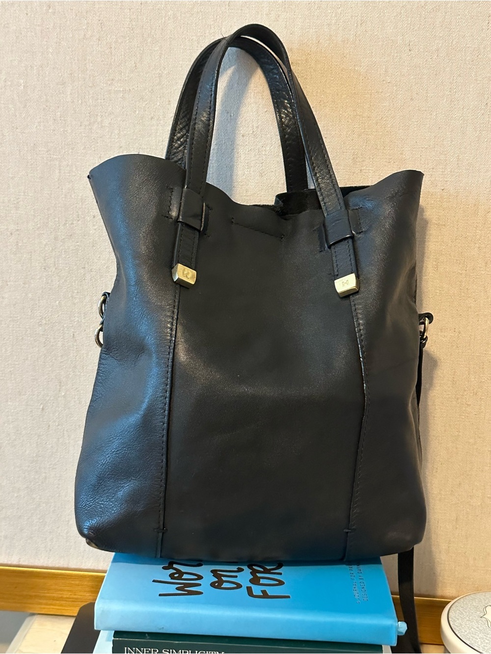 Haltson Heritage Black Leather Tote Bag with Gold Accents